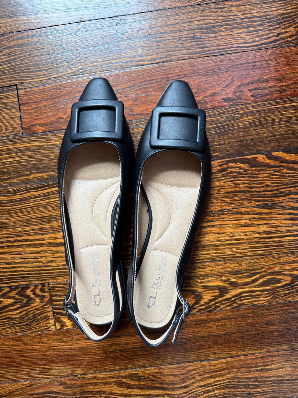 CL by Chinese Laundry Black Pointed Slingback Flats with Square Buckle